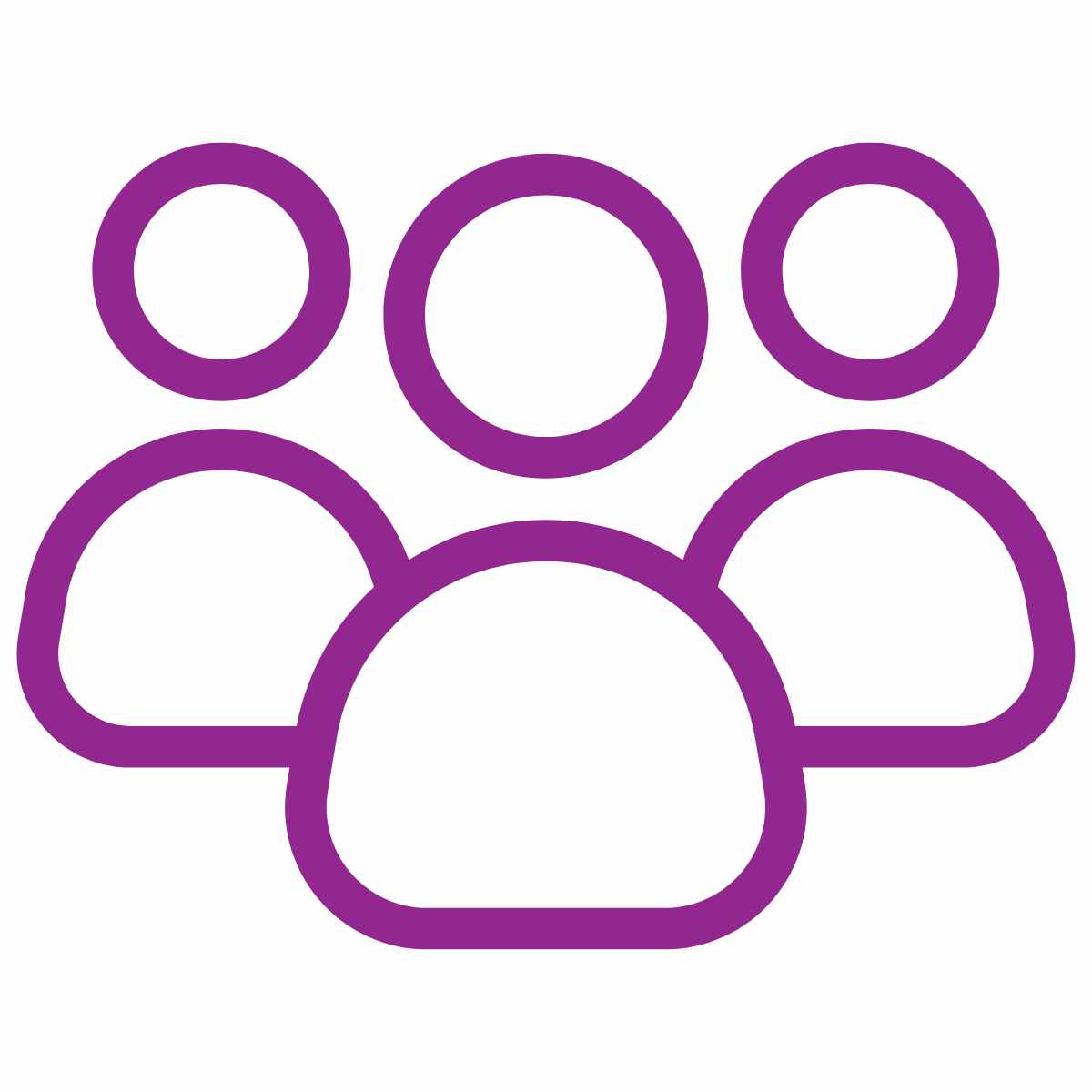 Purple icon of three stylised human figures, with one large figure in the center and two smaller figures behind on either side, representing a group or community.